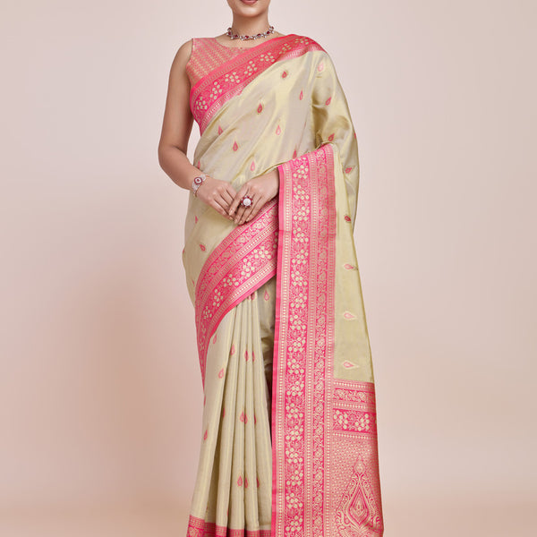 Monjolika Fashion Glamour And Tradition With This Zari Woven Banarasi Tissue Silk Cream Saree - Distacart