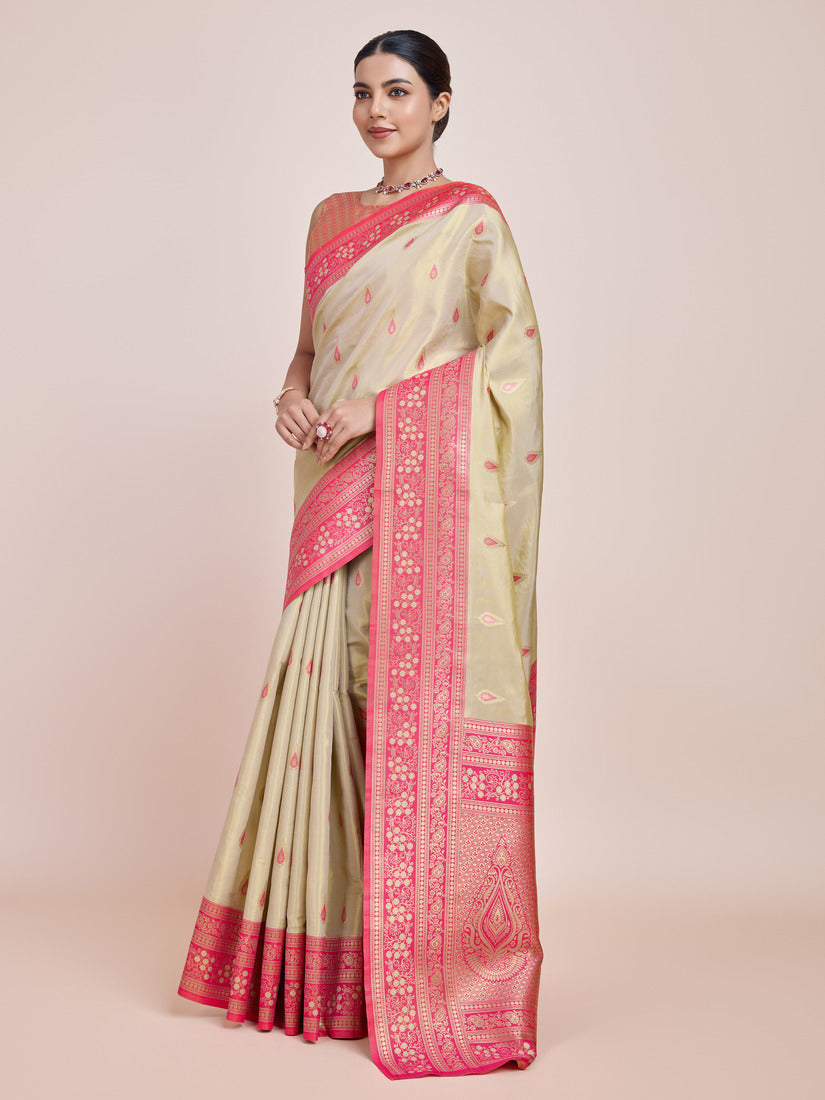Monjolika Fashion Glamour And Tradition With This Zari Woven Banarasi Tissue Silk Cream Saree - Distacart