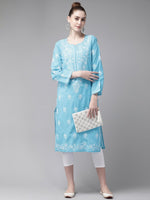 Thumbnail for ADA Women Blue & White Pure Cotton Chikankari Embroidered Kurta with Trousers - Distacart