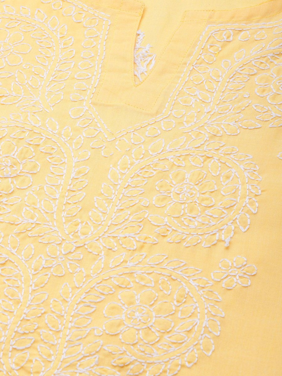 ADA Women Yellow & White Cotton Sustainable Hand Embroidered Chikankari Kurta & Trousers - Distacart