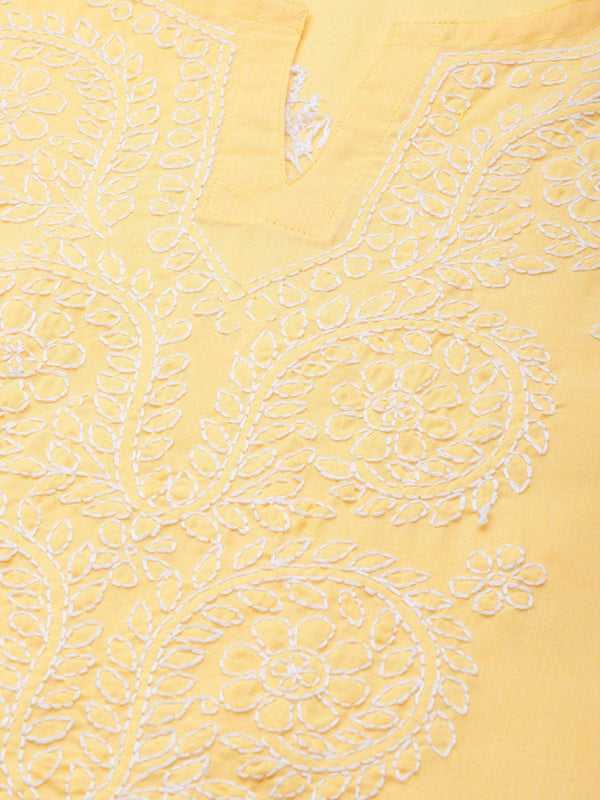 ADA Women Yellow & White Cotton Sustainable Hand Embroidered Chikankari Kurta & Trousers - Distacart