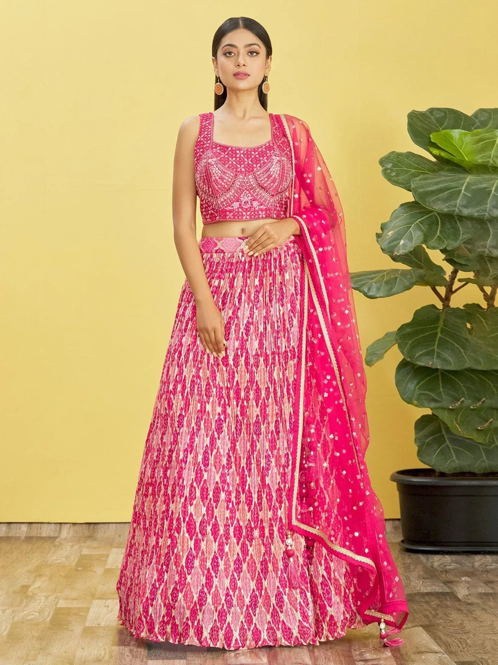 Tulsi Art Beautiful Pink Mirror Work Chinon Reception Wear Lehenga Choli - Dista