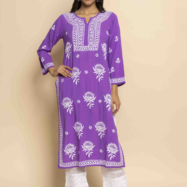 HOUSE OF KARI Ethnic Motifs Chikankari Embroidered Notched Round Neck Straight Kurta - Distacart