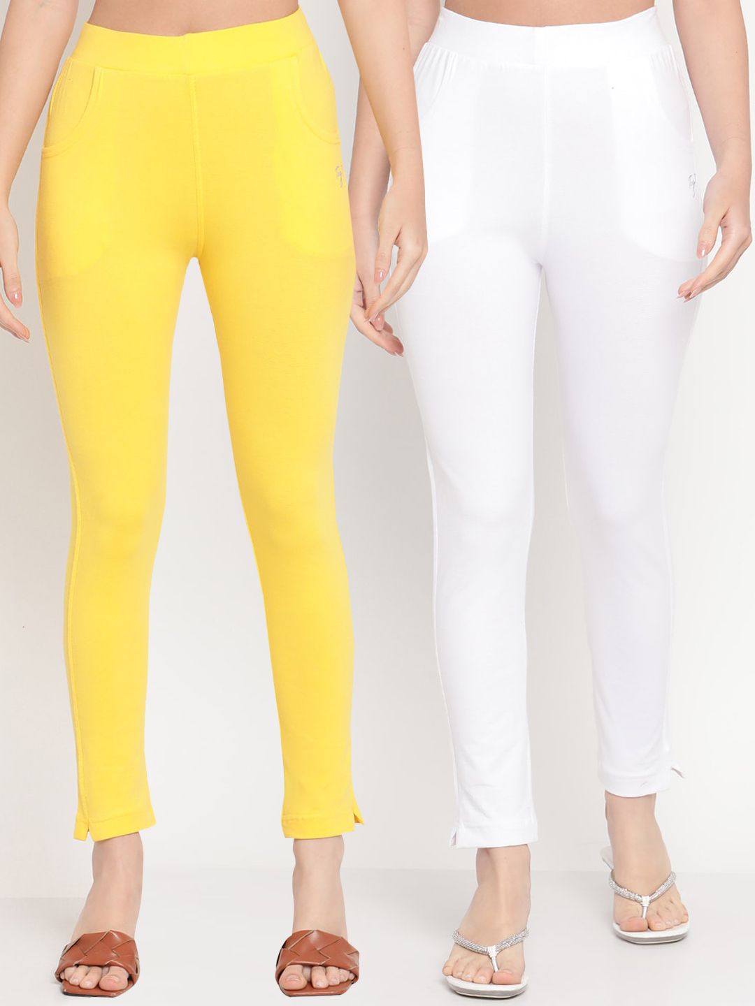 TAG 7 Women Yellow & White Pack of 2 Straight Fit Ankle-Length Leggings - Distacart
