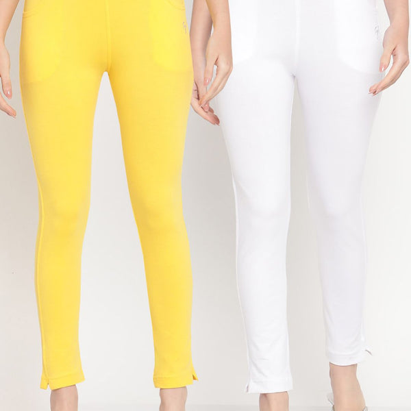 TAG 7 Women Yellow & White Pack of 2 Straight Fit Ankle-Length Leggings - Distacart