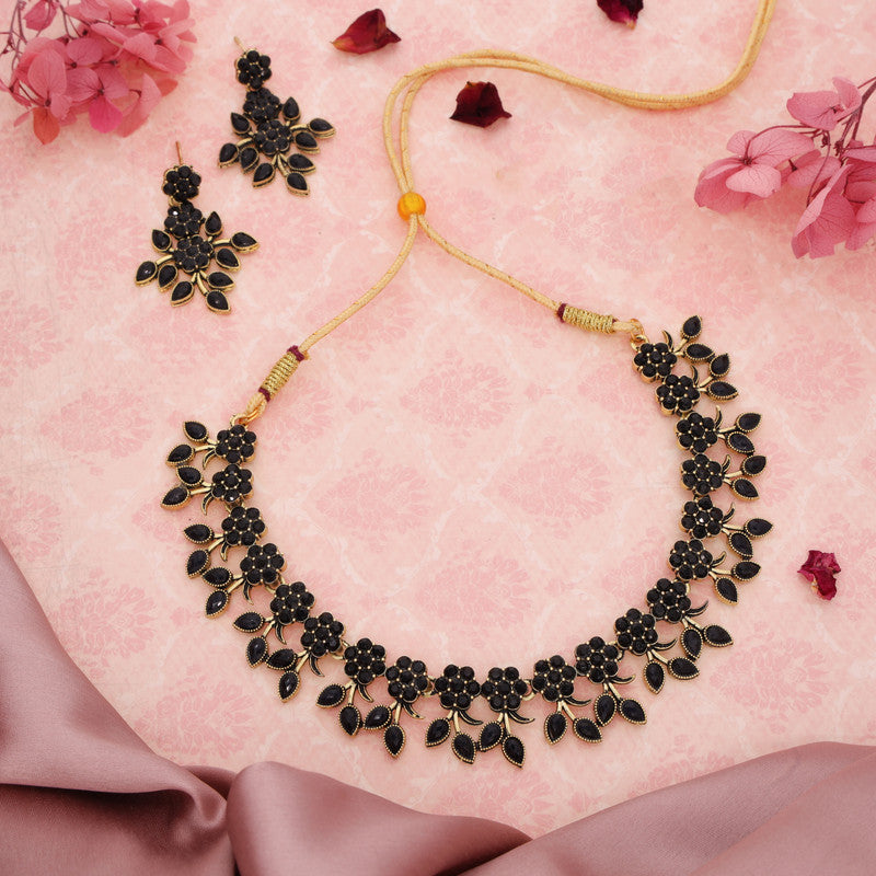 Tehzeeb Creations Special Exquisite White & Black Studded Gold-Polished Choker Necklace Set & Pair of Earring Set - Distacart