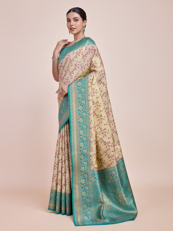 Monjolika Fashion Cream Banarasi Tissue Silk SareeWith Zari Woven Work - Distacart