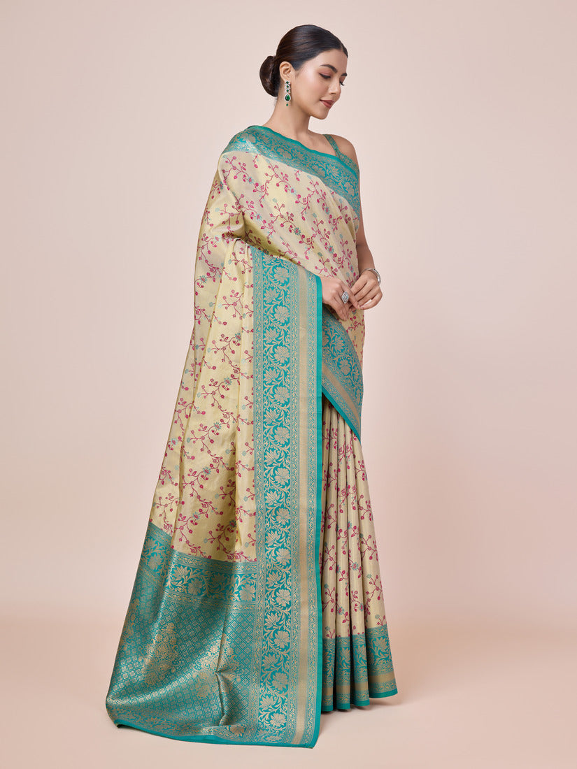 Monjolika Fashion Cream Banarasi Tissue Silk SareeWith Zari Woven Work - Distacart