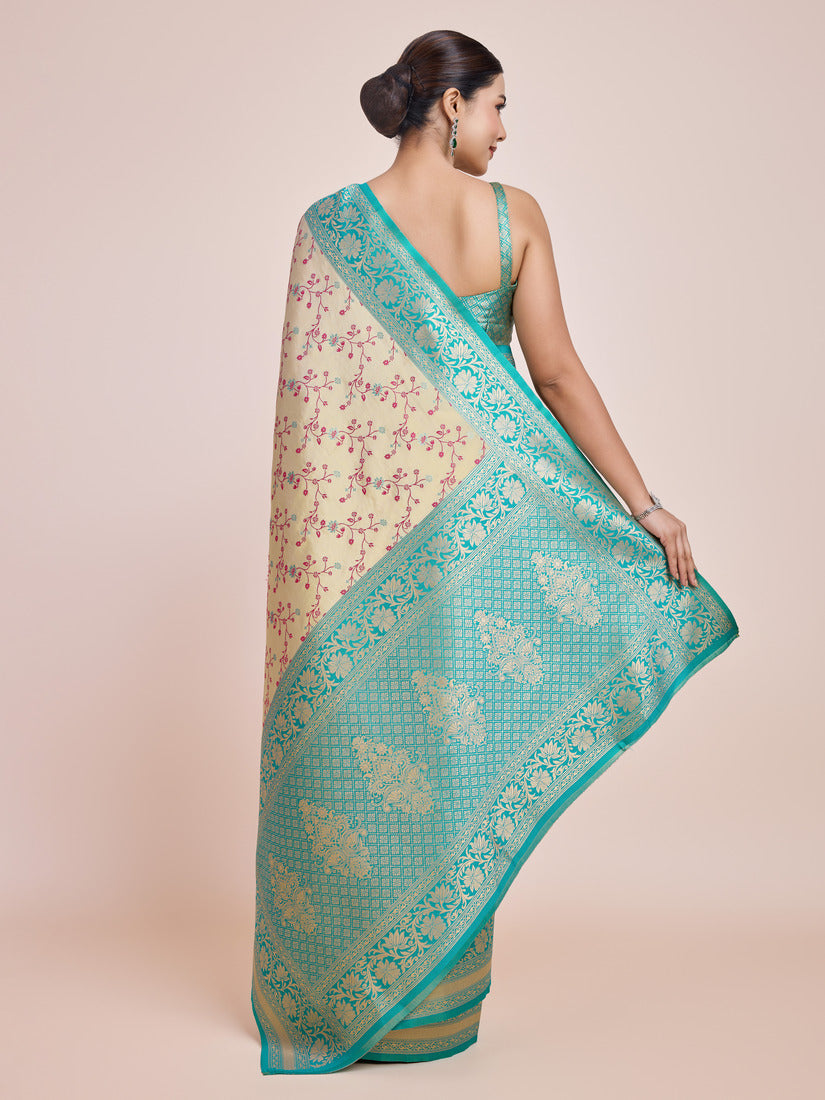 Monjolika Fashion Cream Banarasi Tissue Silk SareeWith Zari Woven Work - Distacart