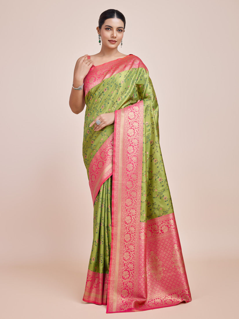 Monjolika Fashion Parrot Green Banarasi Tissue Silk SareeWith Zari Woven Work - Distacart