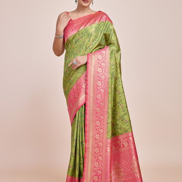 Monjolika Fashion Parrot Green Banarasi Tissue Silk SareeWith Zari Woven Work - Distacart