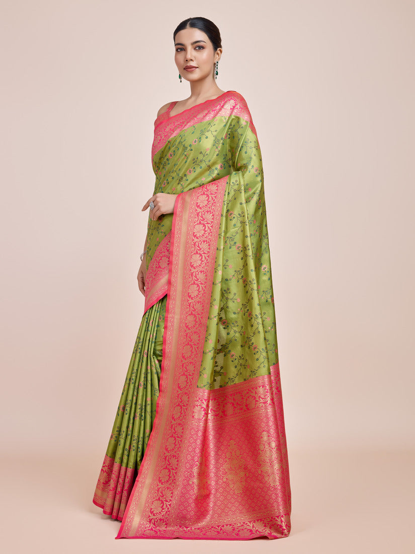Monjolika Fashion Parrot Green Banarasi Tissue Silk SareeWith Zari Woven Work - Distacart