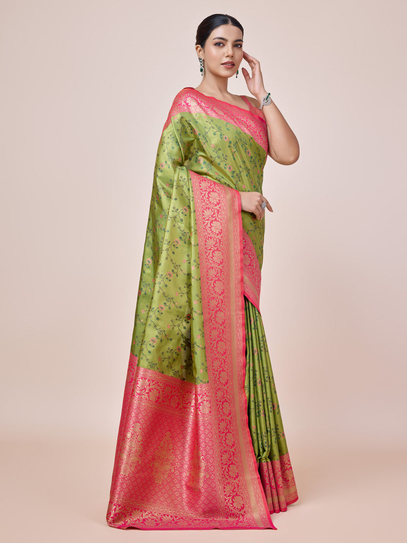 Monjolika Fashion Parrot Green Banarasi Tissue Silk SareeWith Zari Woven Work - Distacart