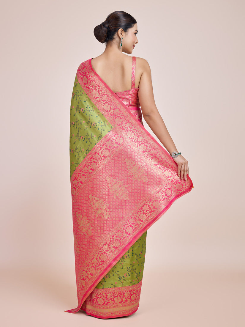 Monjolika Fashion Parrot Green Banarasi Tissue Silk SareeWith Zari Woven Work - Distacart