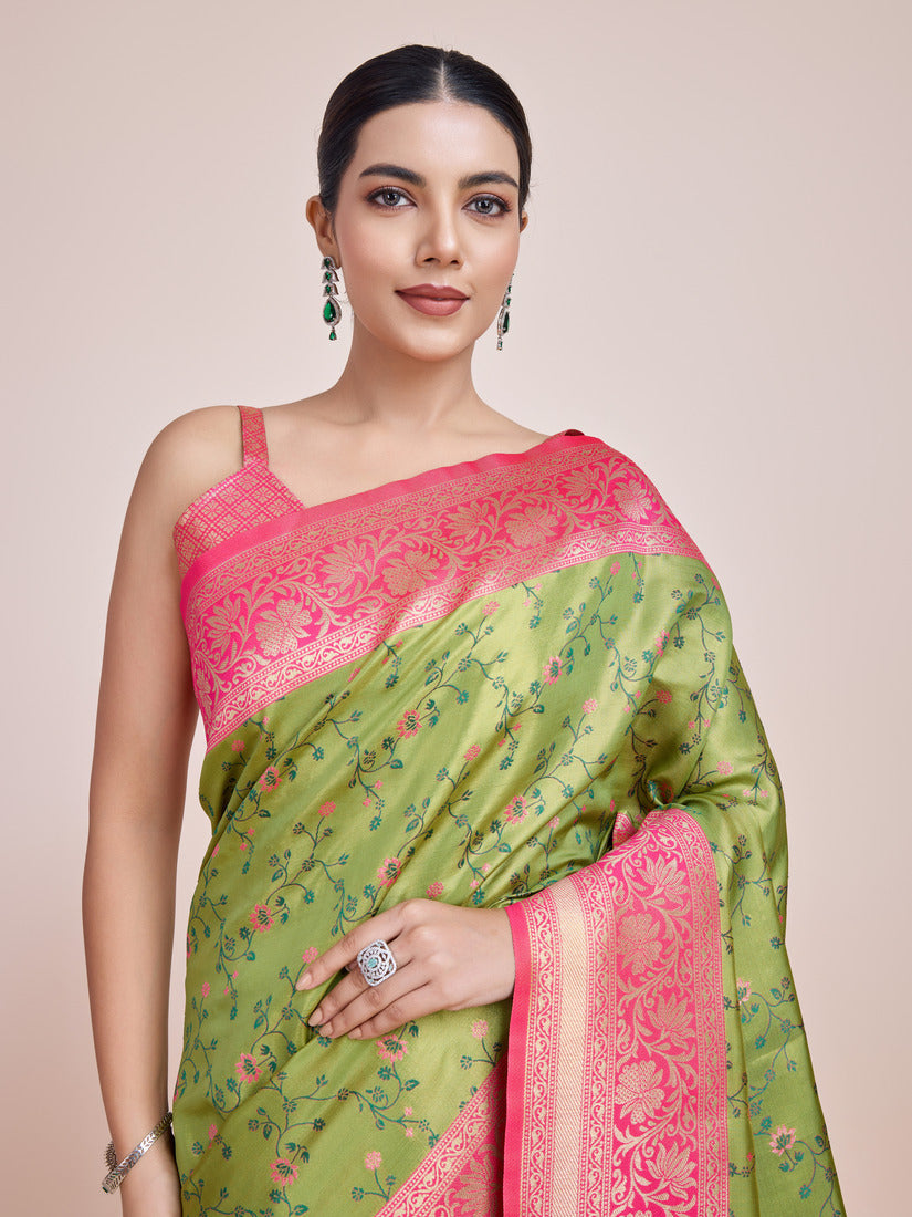Monjolika Fashion Parrot Green Banarasi Tissue Silk SareeWith Zari Woven Work - Distacart