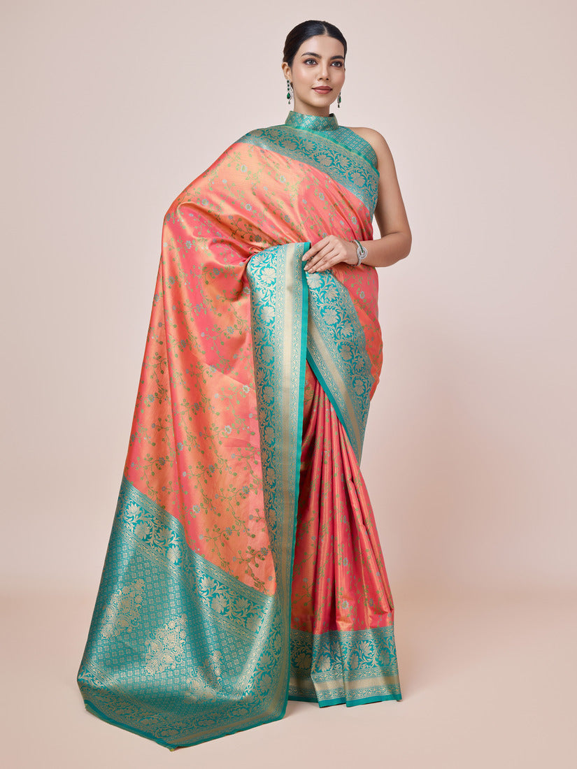Monjolika Fashion Peach Banarasi Tissue Silk SareeWith Zari Woven Work - Distacart