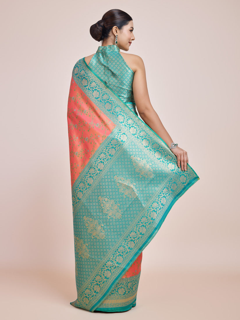Monjolika Fashion Peach Banarasi Tissue Silk SareeWith Zari Woven Work - Distacart