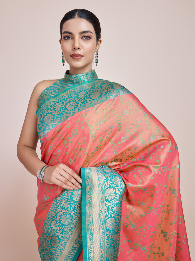 Monjolika Fashion Peach Banarasi Tissue Silk SareeWith Zari Woven Work - Distacart
