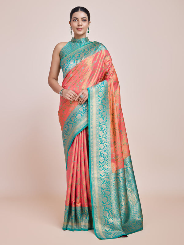 Monjolika Fashion Peach Banarasi Tissue Silk SareeWith Zari Woven Work - Distacart