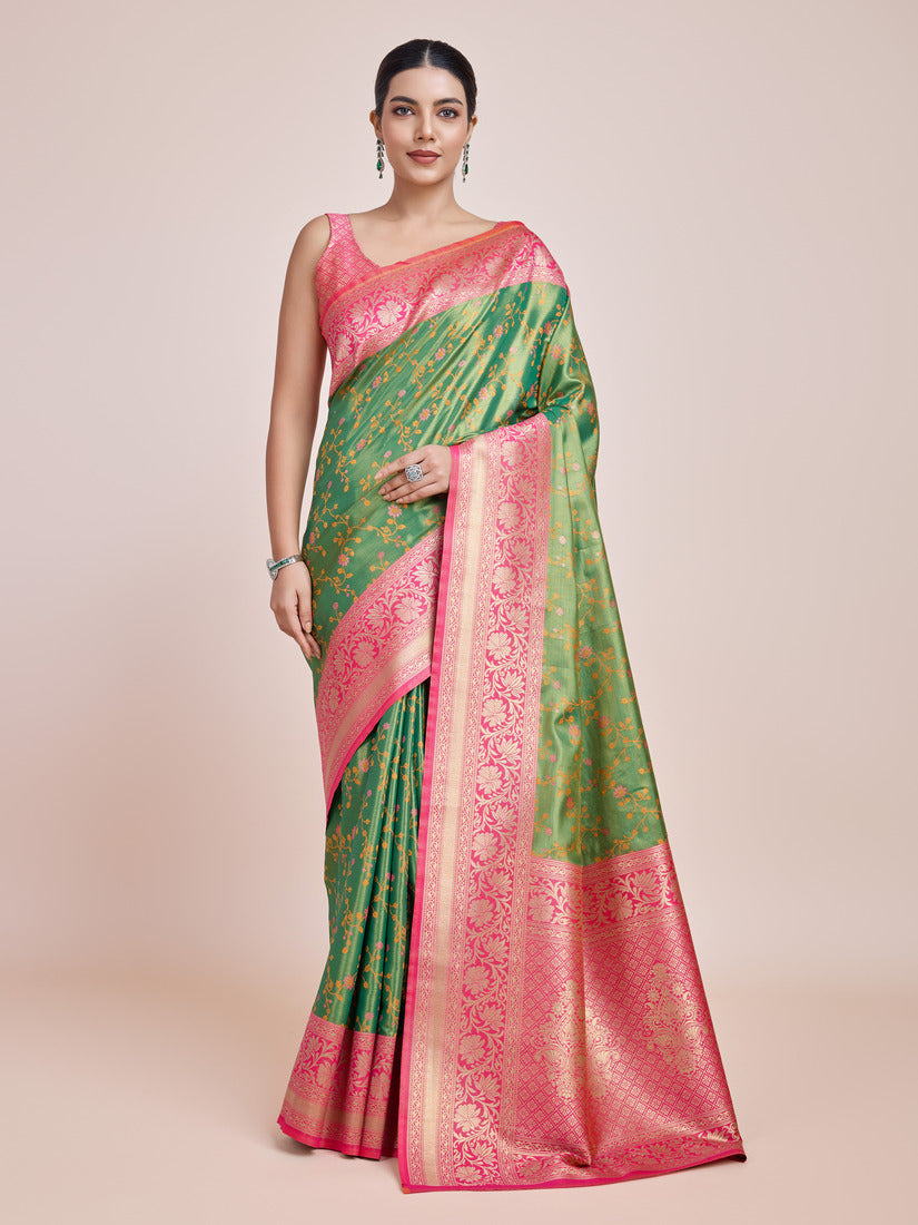 Monjolika Fashion Green Banarasi Tissue Silk SareeWith Zari Woven Work - Distacart