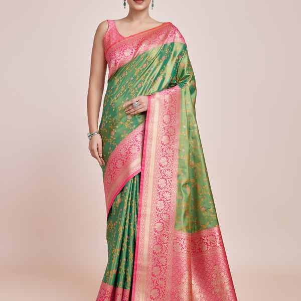 Monjolika Fashion Green Banarasi Tissue Silk SareeWith Zari Woven Work - Distacart
