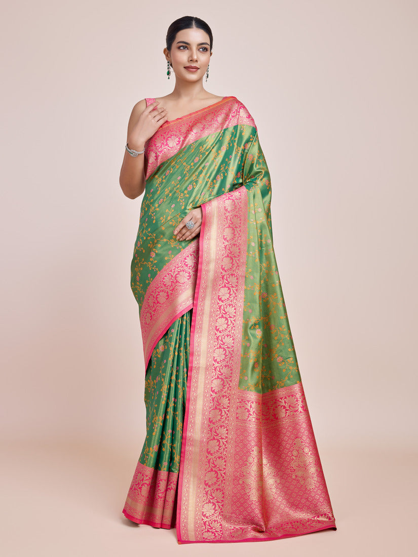 Monjolika Fashion Green Banarasi Tissue Silk SareeWith Zari Woven Work - Distacart