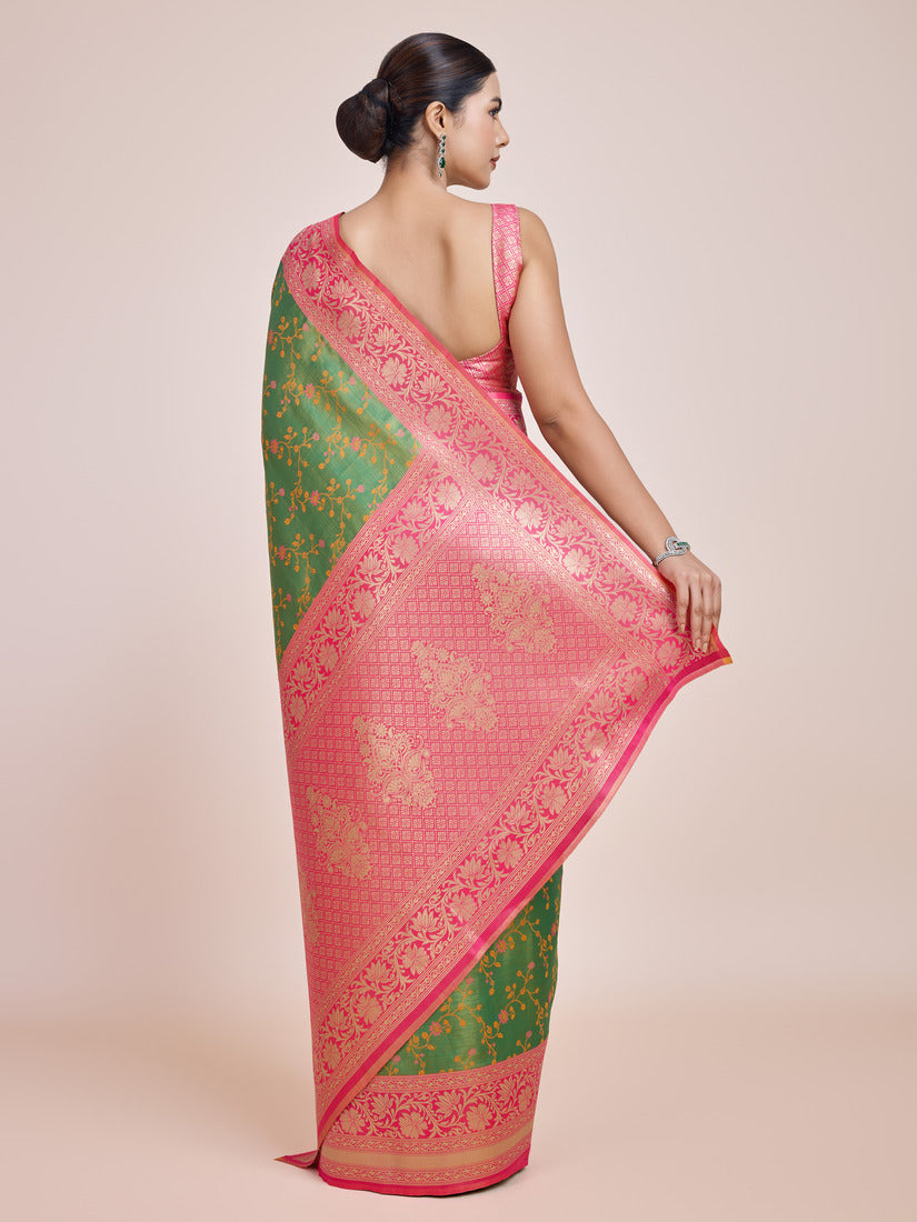 Monjolika Fashion Green Banarasi Tissue Silk SareeWith Zari Woven Work - Distacart