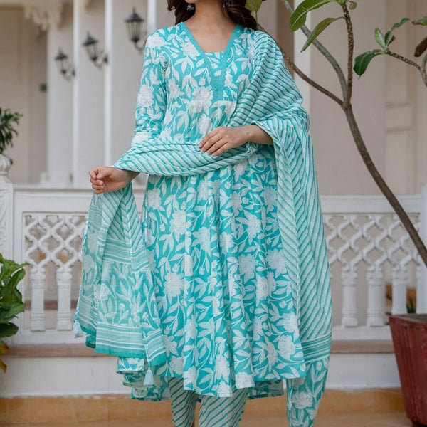 Anouk Blue Floral Printed V-Neck Aari Work Flared Pure Cotton Anarkali Kurta Set - Distacart