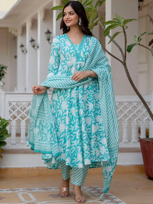 Anouk Blue Floral Printed V-Neck Aari Work Flared Pure Cotton Anarkali Kurta Set