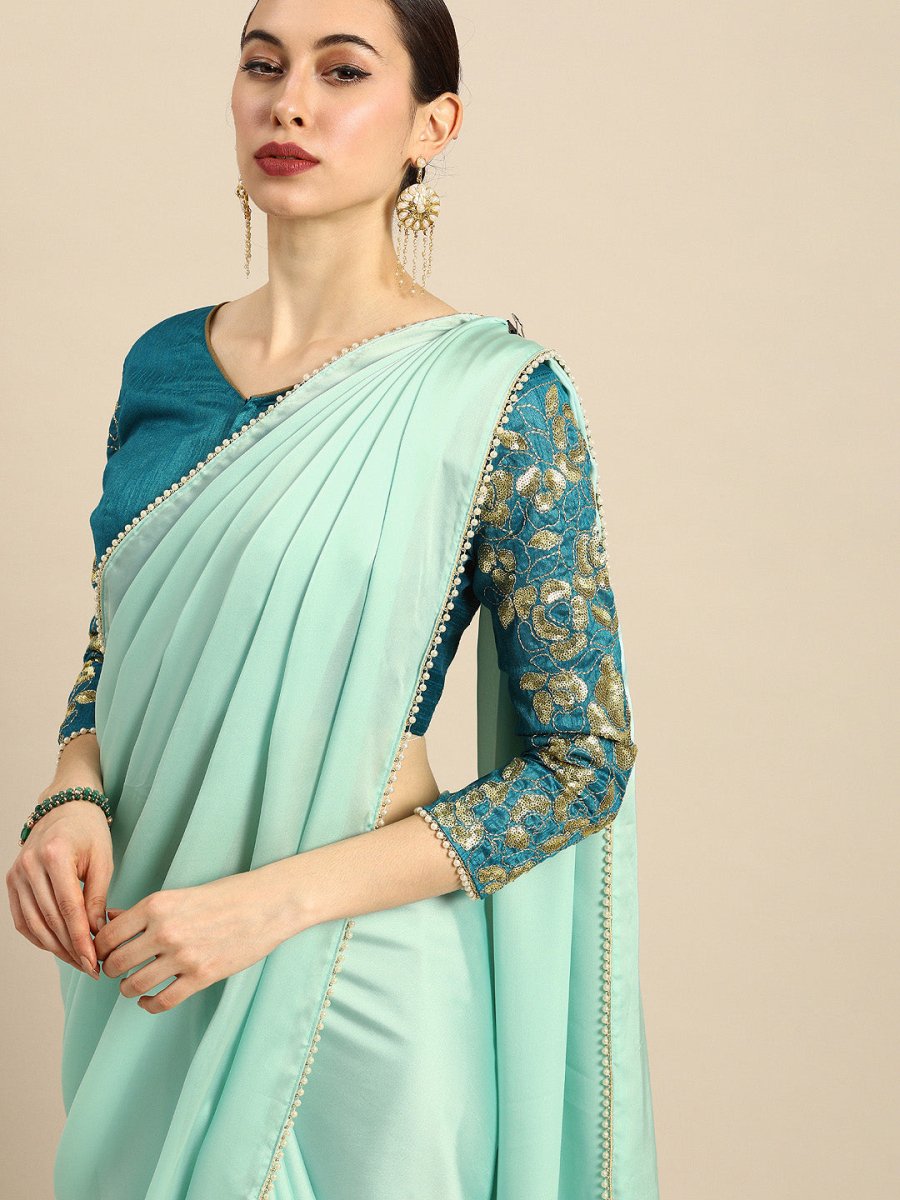 Anouk Sea Green Solid Saree - Distacart