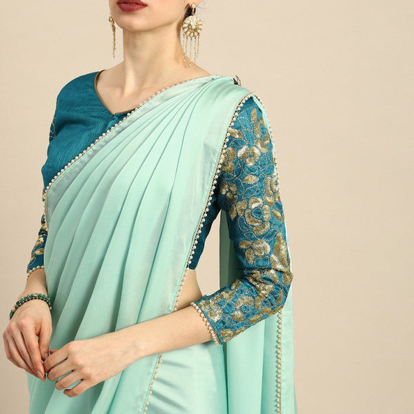 Anouk Sea Green Solid Saree - Distacart