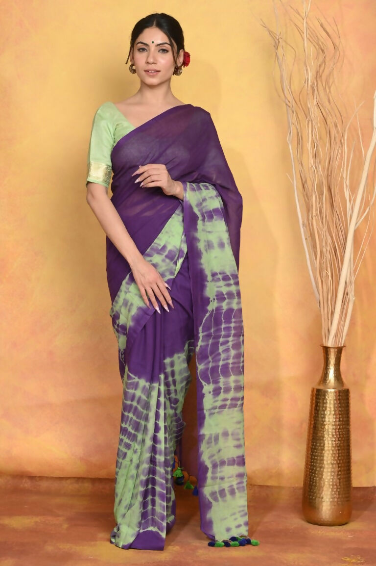 Very Much Indian Tie & Dye Handloom Mul Cotton Saree - Blue Green - Distacart