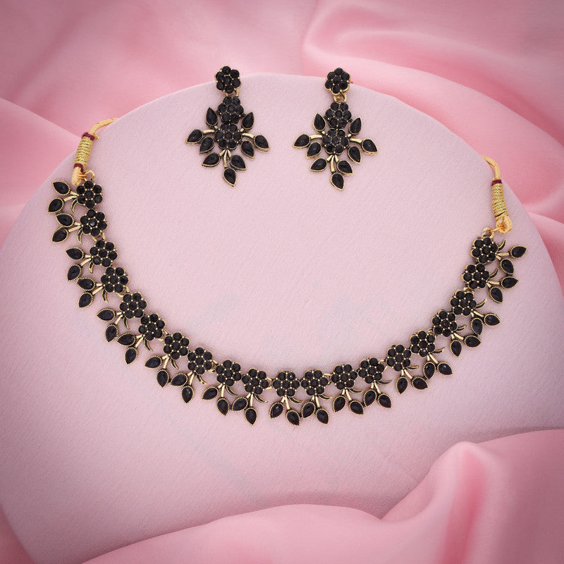 Tehzeeb Creations Special Exquisite White & Black Studded Gold-Polished Choker Necklace Set & Pair of Earring Set - Distacart