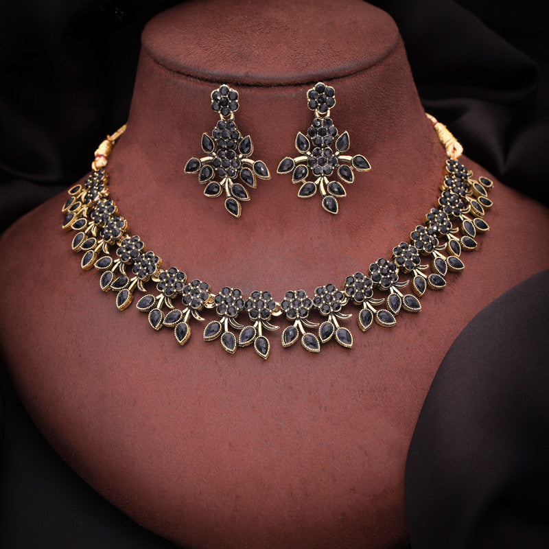 Tehzeeb Creations Special Exquisite White & Black Studded Gold-Polished Choker Necklace Set & Pair of Earring Set - Distacart