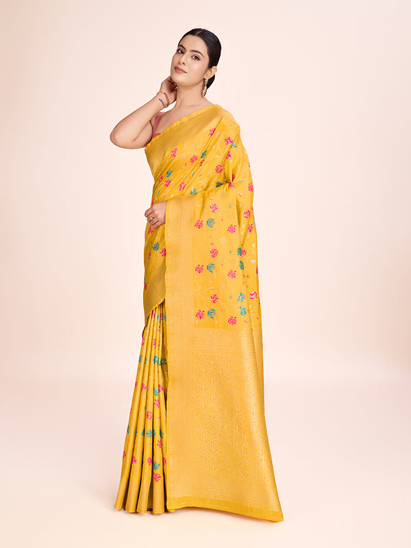 Monjolika Fashion Exquisite Designs With This Regal Yellow Rich Look Banarasi Tissue Silk Saree - Distacart