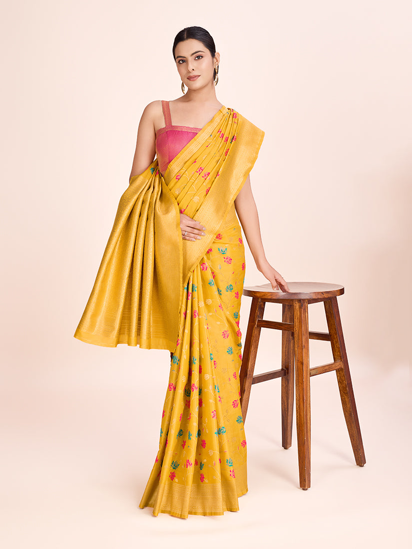 Monjolika Fashion Exquisite Designs With This Regal Yellow Rich Look Banarasi Tissue Silk Saree - Distacart