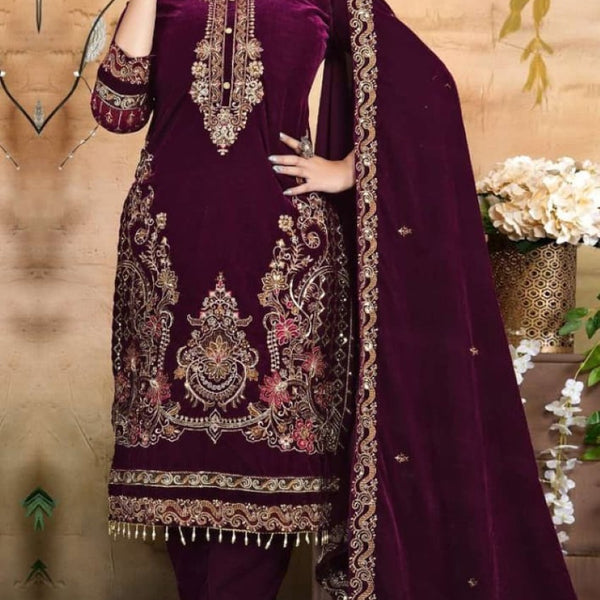 Anaita Maroon Velvet Suit With Embroidery & Zarkan Work - Distacart