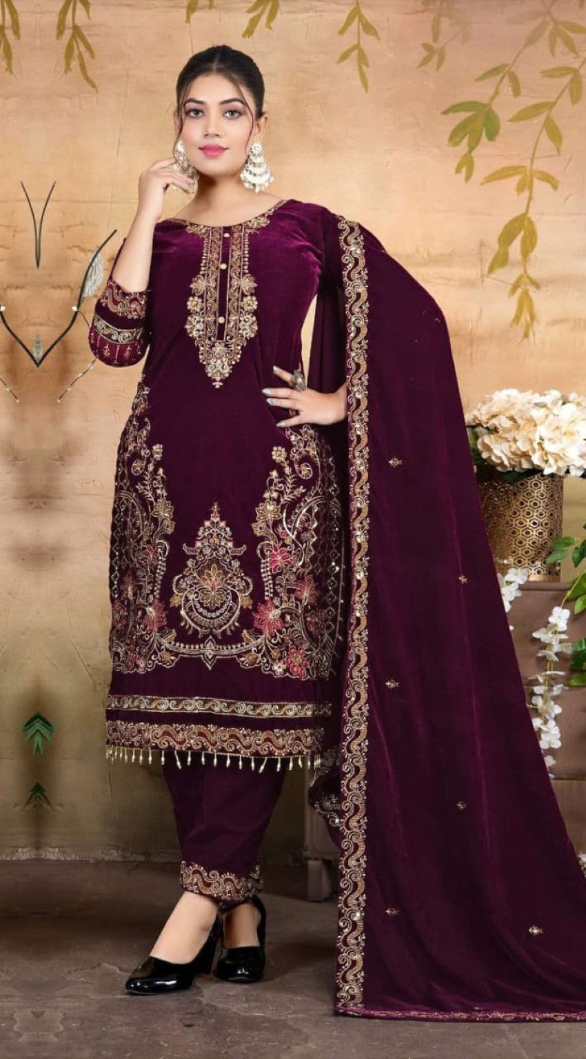 Anaita Maroon Velvet Suit With Embroidery & Zarkan Work - Distacart