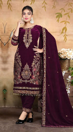 Thumbnail for Anaita Maroon Velvet Suit With Embroidery & Zarkan Work - Distacart