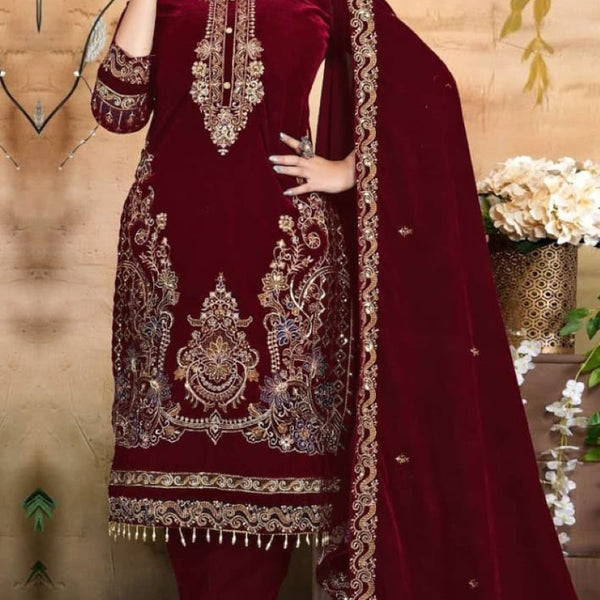Anaita Red Velvet Suit With Embroidery & Zarkan Work - Distacart