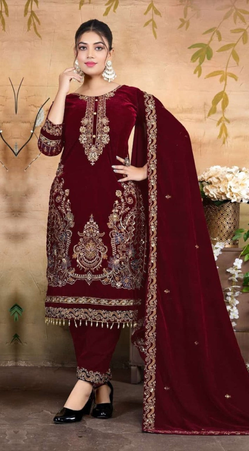 Anaita Red Velvet Suit With Embroidery & Zarkan Work - Distacart