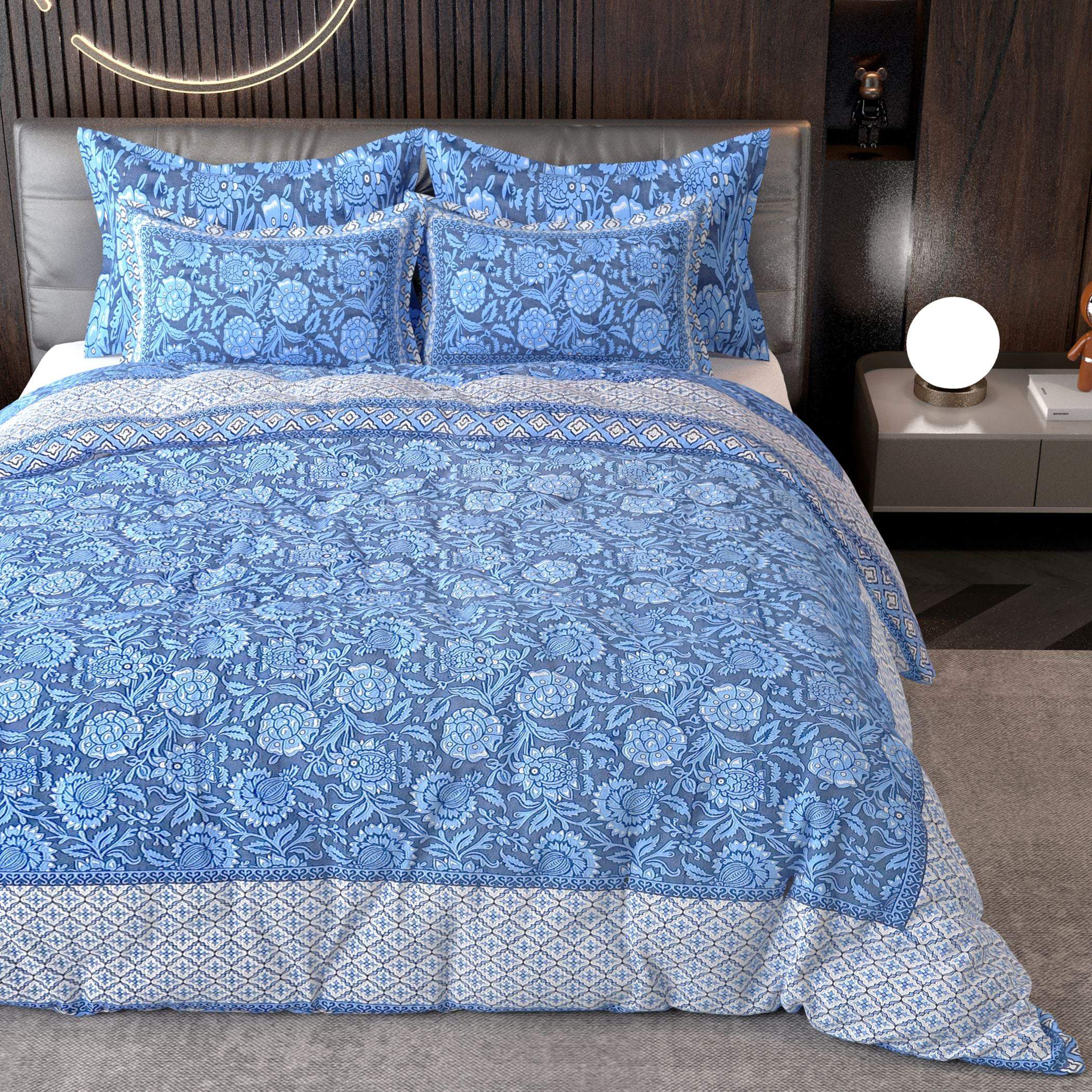 Blue Ethnic Motifs Cotton 220 TC Bedsheet With 2 Zipper Pillow Covers - King Size by House of Ree - Distacart