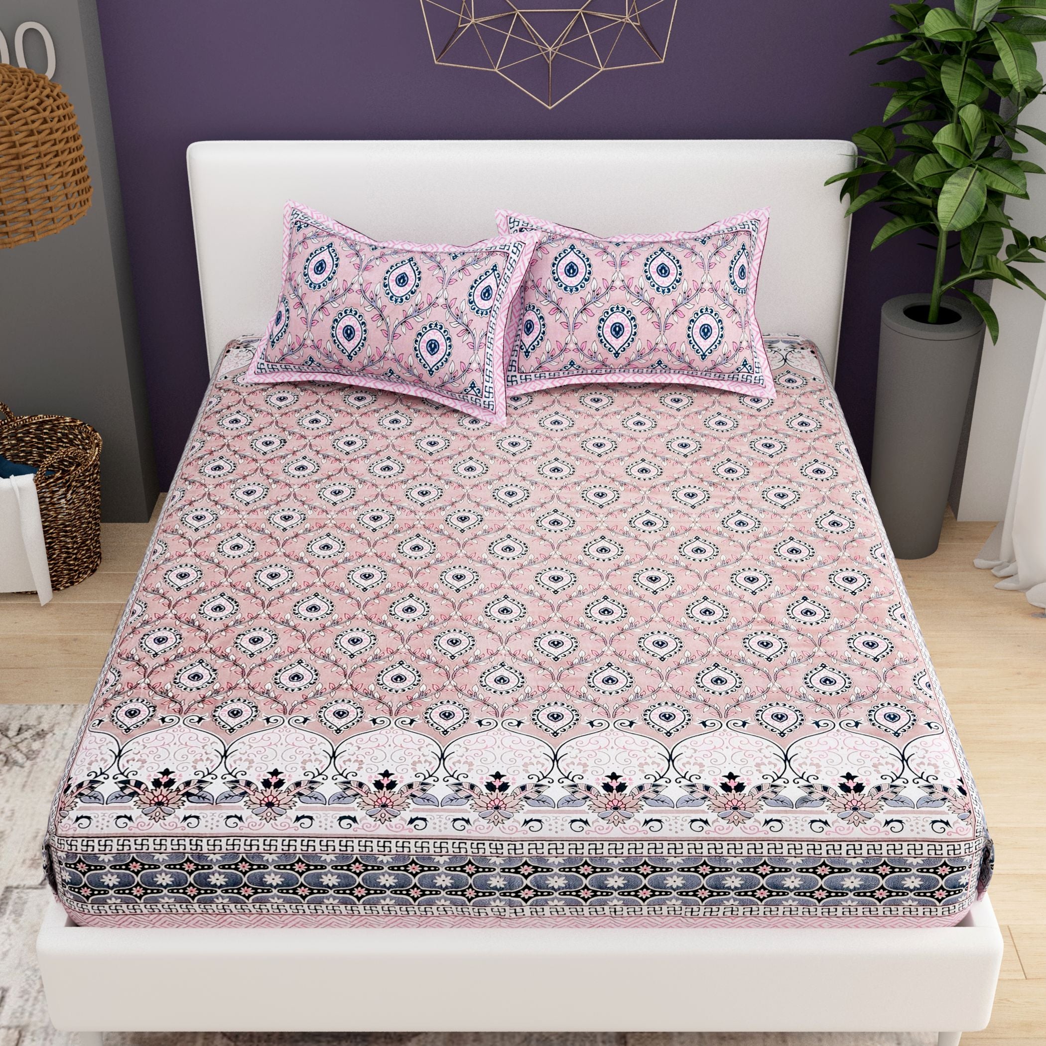 Red White Ethnic Motifs Cotton 200TC King Bedsheet With 2 Zipper Pillow Covers - King Size by House of Ree - Distacart