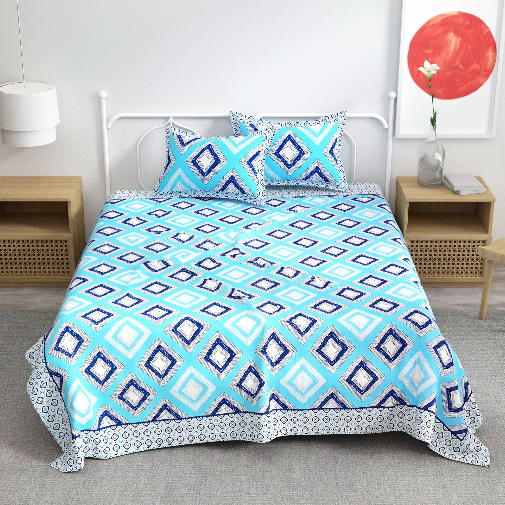 Blue Weave Pattern Cotton 300TC Super King Bedsheet With 2 Zipper Pillow Covers - King Size by House of Ree - Distacart