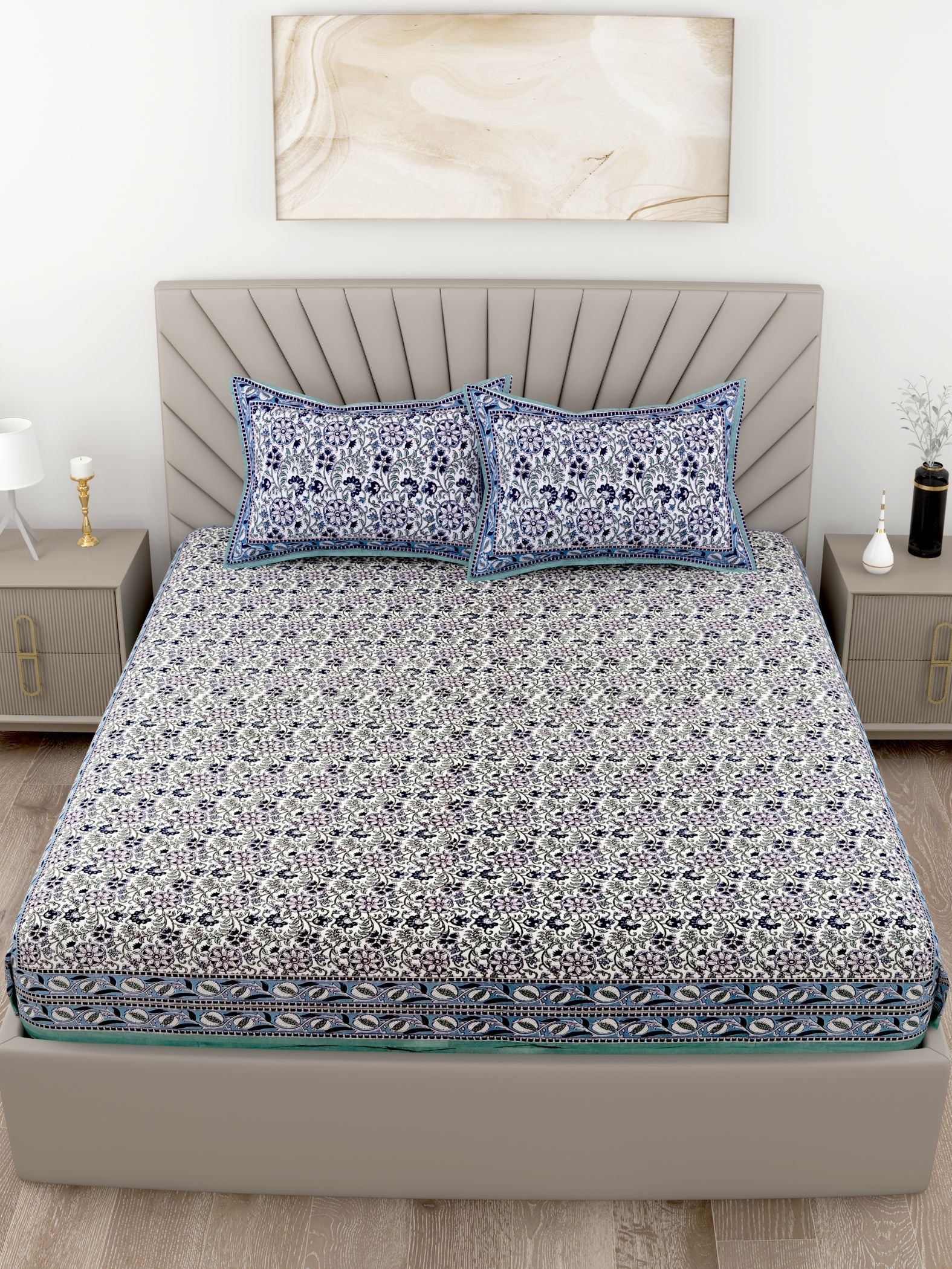 Blue White Floral Printed Cotton 200TC King Bedsheet With 2 Zipper Pillow Covers - King Size by House of Ree - Distacart