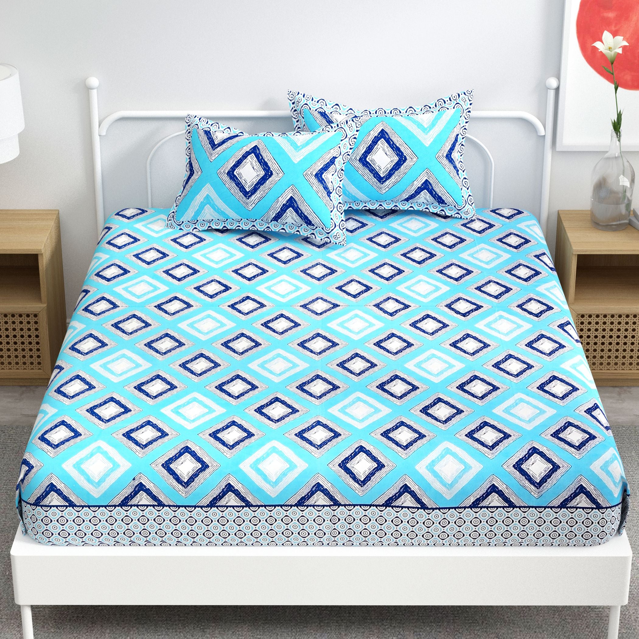 Blue Weave Pattern Cotton 300TC Super King Bedsheet With 2 Zipper Pillow Covers - King Size by House of Ree - Distacart