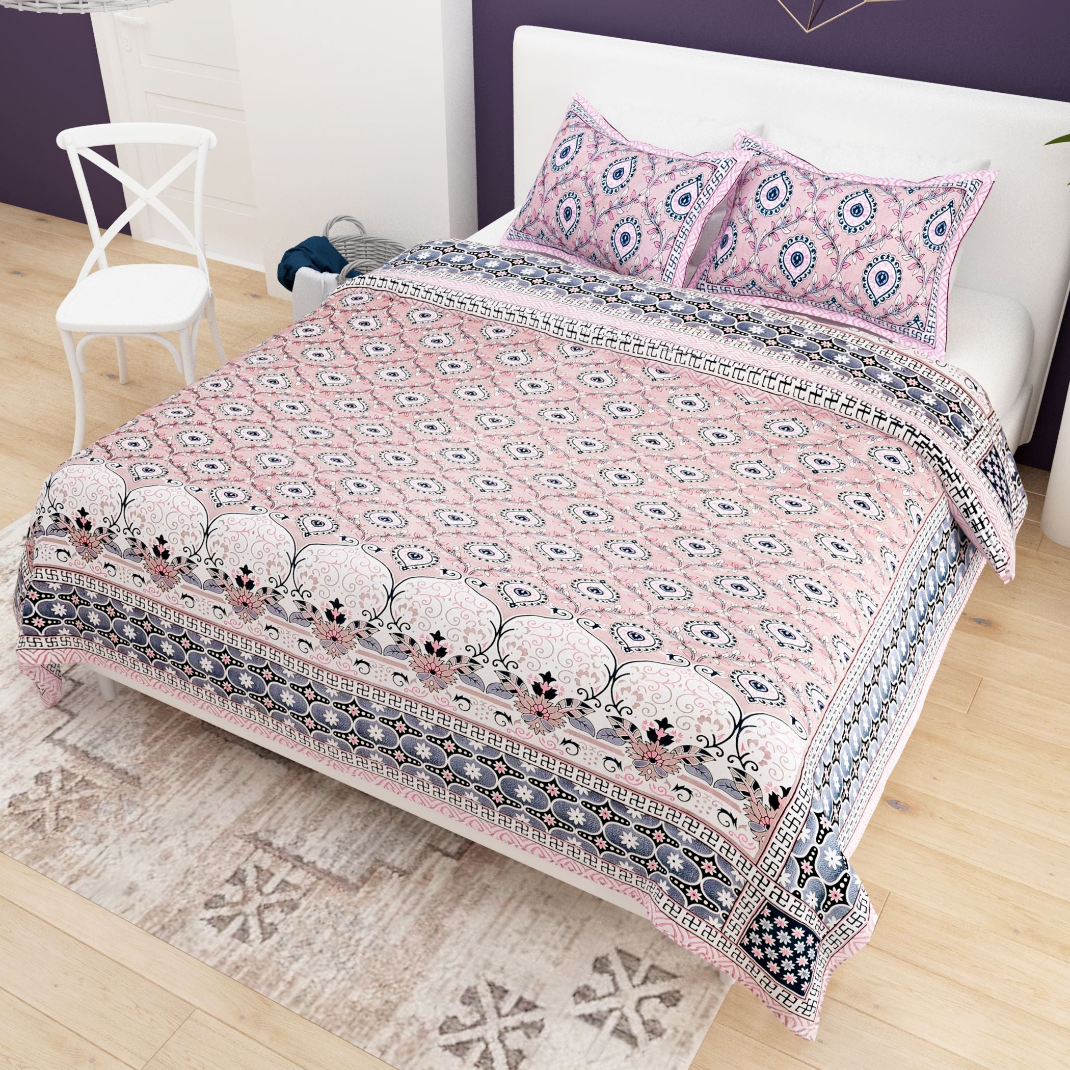 Red White Ethnic Motifs Cotton 200TC King Bedsheet With 2 Zipper Pillow Covers - King Size by House of Ree - Distacart
