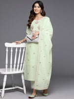 Thumbnail for Varanga Women Green Thread And Sequins Embroidered Kurta With Tonal Bottom And Dupatta - Distacart