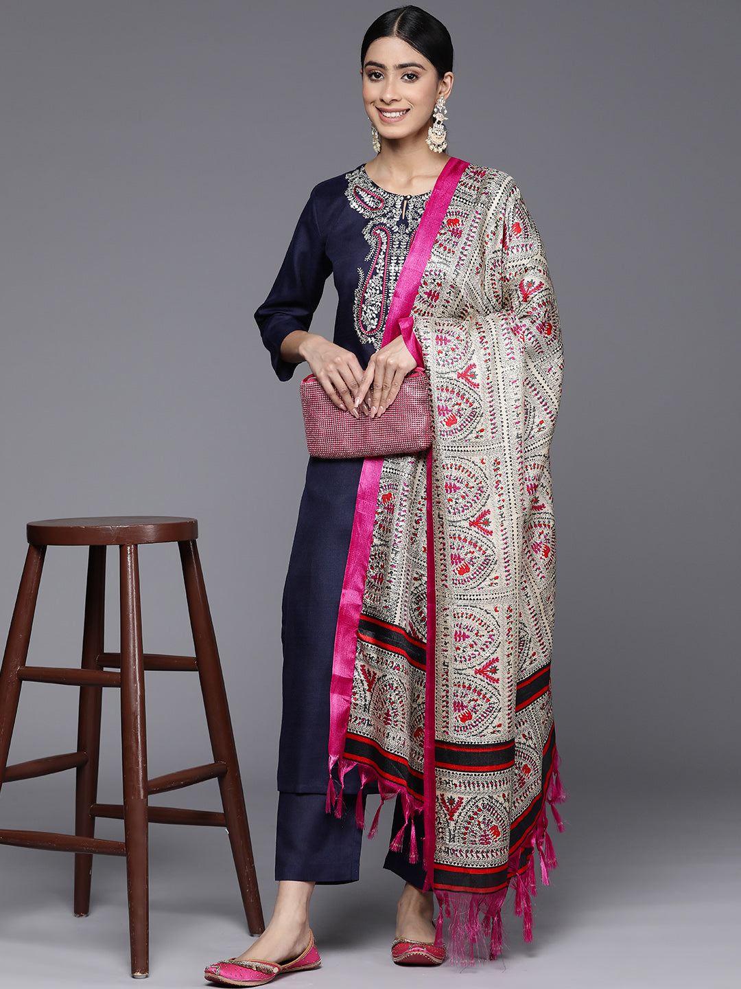 Varanga Women Solid Round Neck Yoke Kurta Paired With Tonal Bottom And Contrast Dupatta - Distacart