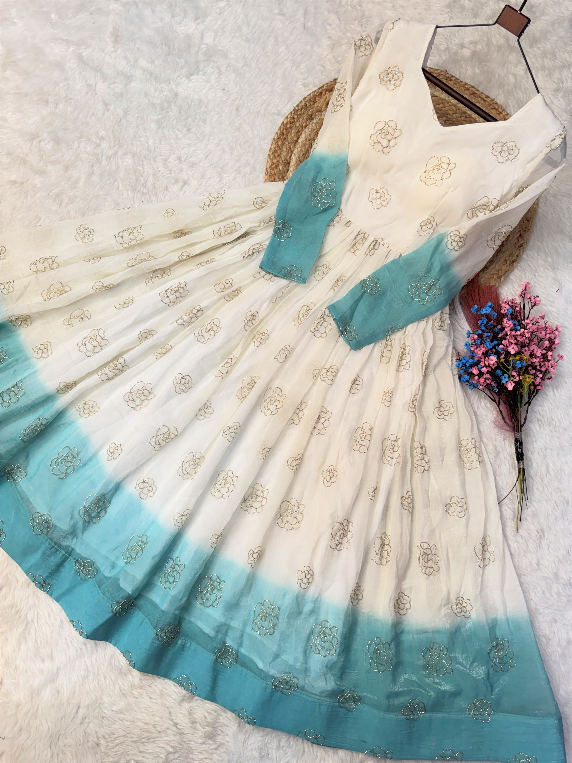 Anaita Blue&White Silk Readymade Anarkali Suit with Embroidery & Sequence Work - Dista